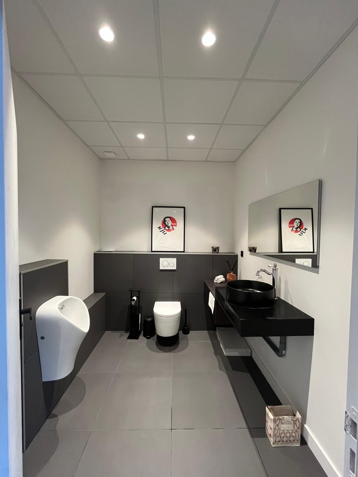Sanitaires de locaux professionnels avec urinoir, WC suspendu et vasque